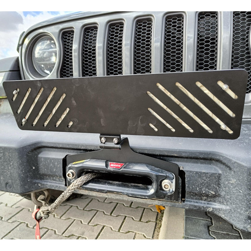Folding license plate holder for winch